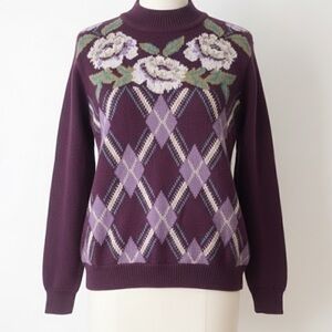 90s Floral Argyle Sweater Plum Purple Intarsia Knit Made in Hong Kong Size S
